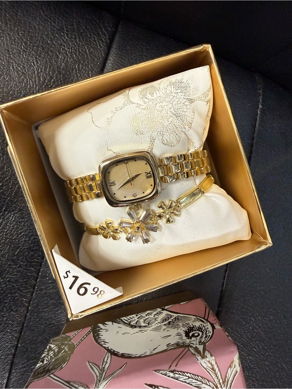 Gold Women's Bracelet Watch and Floral Bangle Set